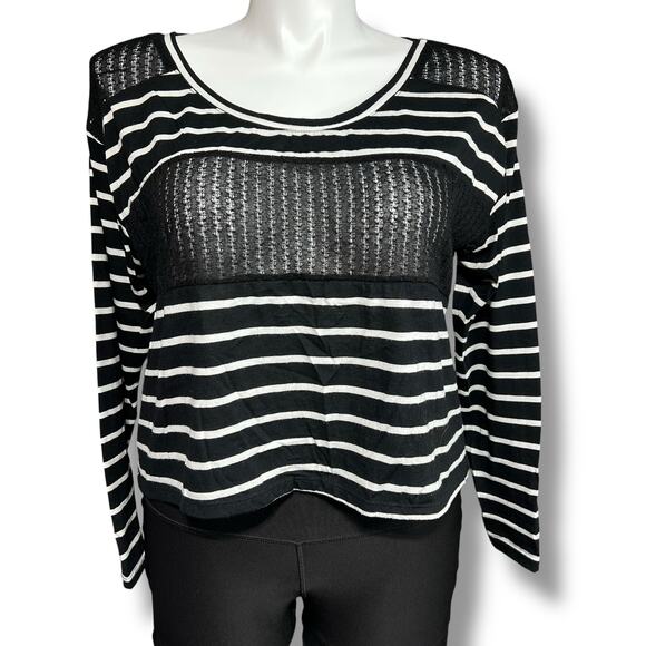 Weavers Womens Crop Top Long Sleeve TShirt Stripes Sheer Fish Net Black White XL - Picture 1 of 7